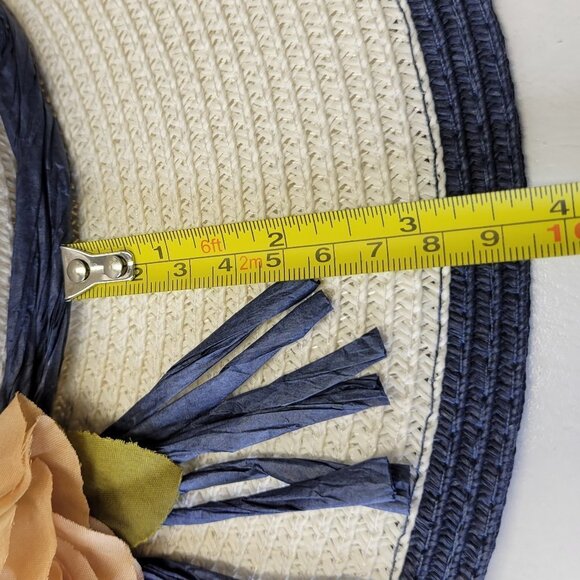 WHITE Paper Straw Hat Blue Trim Floral Embellish Wide Brim Sun Beach Hat - Picture 10 of 13